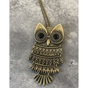 SHB  Antiqued Brass Tone Articulated Owl Pendant Necklace Black Eyes